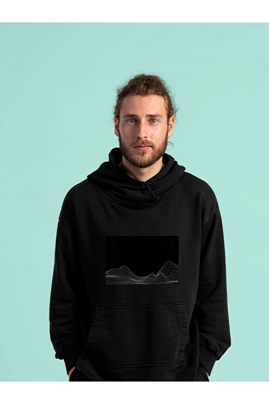 Vapor Wave Geometrik Baskılı Tasarım 2 Iplik Şardonlu Siyah Hoodie Sweatshirt
