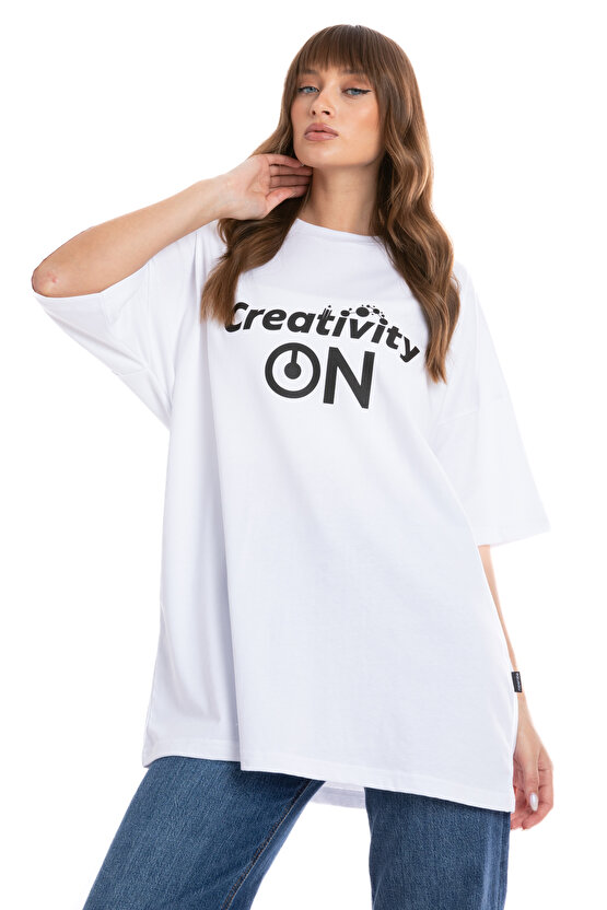 %100 Pamuk Beyaz Unisex Oversize Kısa Kollu T-Shirt | Creativity On