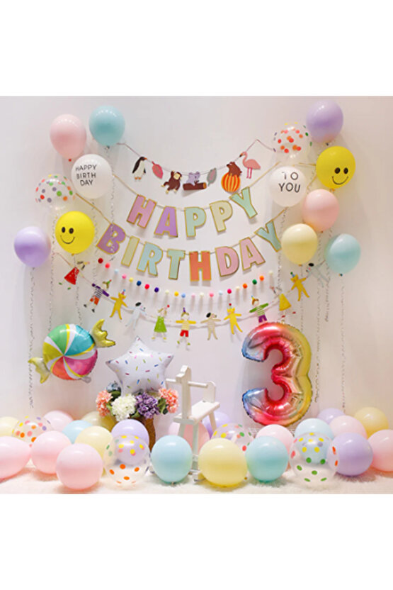 Macaron Happy Birthday Banner ve Balon Seti Doğum Günü Gökkuşağı Happy Birthday Banner Flama
