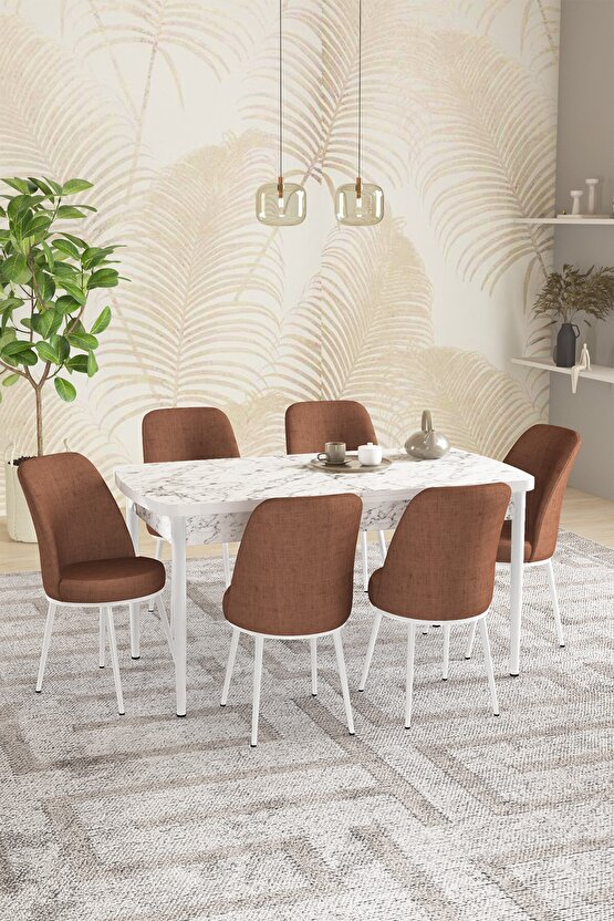 Rita Beyaz Mermer Desen 80x132 Açılabilir Mutfak Masası Takımı 6 Adet Sandalye