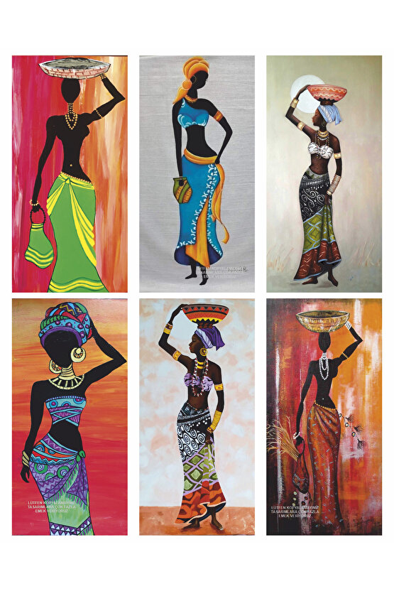 otantik afrikalı kadınlar renkli estetik dekor tablo 6lı mini retro ahşap poster seti
