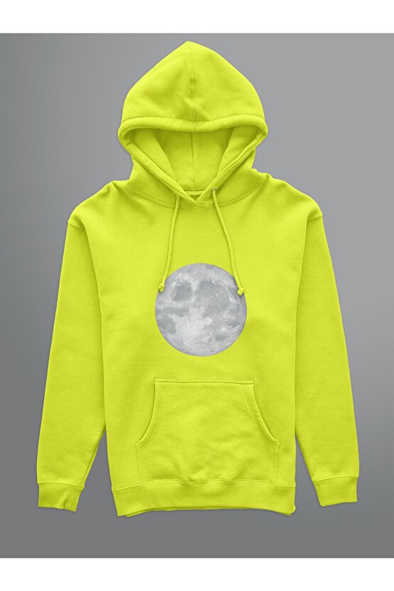 Dolunay Baskılı Oversize Fosforlu Sarı 3 Iplik Kalın Sweatshirt Hoodie
