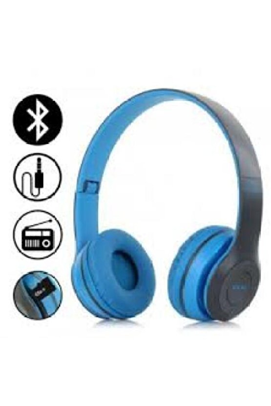 P47 Kablosuz Bluetooth Kulaklık Yükses Ses Ve Bass Fm Radyo Mavi