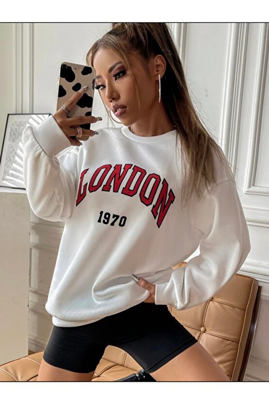 Oversize Kırmızı London Baskılı Beyaz Sweatshirt