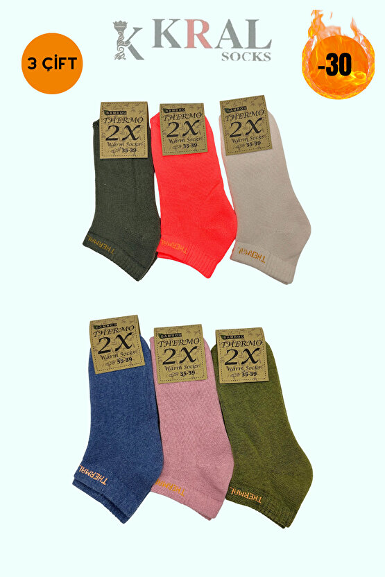 Termal Özellikli 2x Korumalı (3 ÇİFT) Asorti Renkli Kadın Kışlık Havlu Patik Çorap