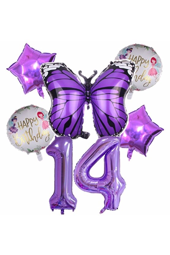 Mor Kelebek Mor Renk 14 Yaş Rakam Balon Set Doğum Günü Parti Mor Renk Helyum Balon Mor Rakam Balon