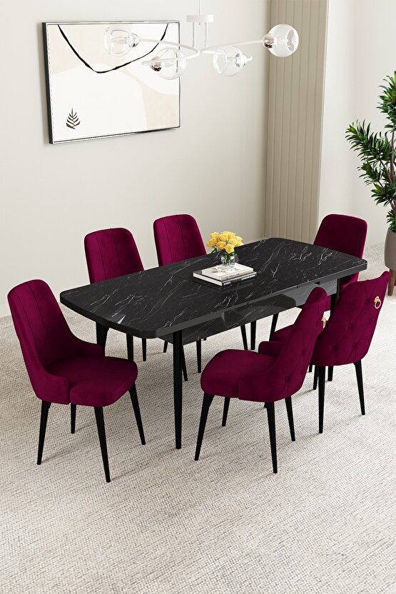 Clara Siyah Mermer Desen 80x132 Açılabilir Yemek Odası Takımı 6 Adet Sandalye