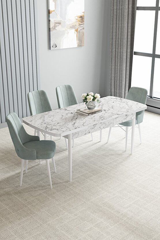 Jusie Beyaz Mermer Desen 80x132 Açılabilir Mutfak Masası Takımı 4 Adet Sandalye