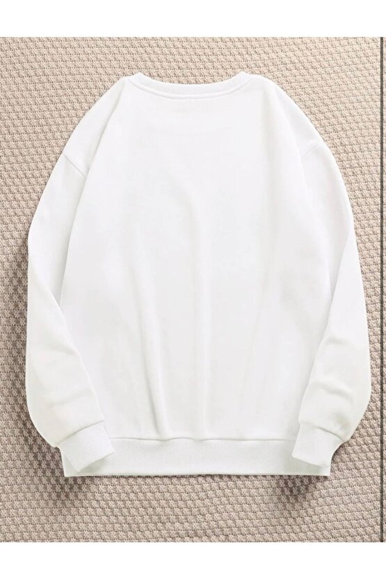 Oversize Miyav Baskılı Beyaz Sweatshirt