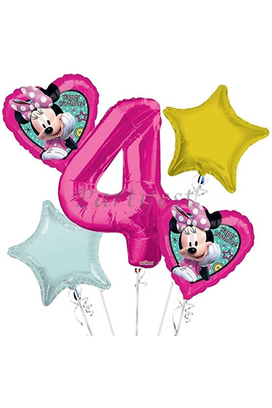 Minnie Mouse 4 Yaş Balon Set Balon Folyo Set Minnie Mouse Konsept Doğum Günü Set Yaş Balon