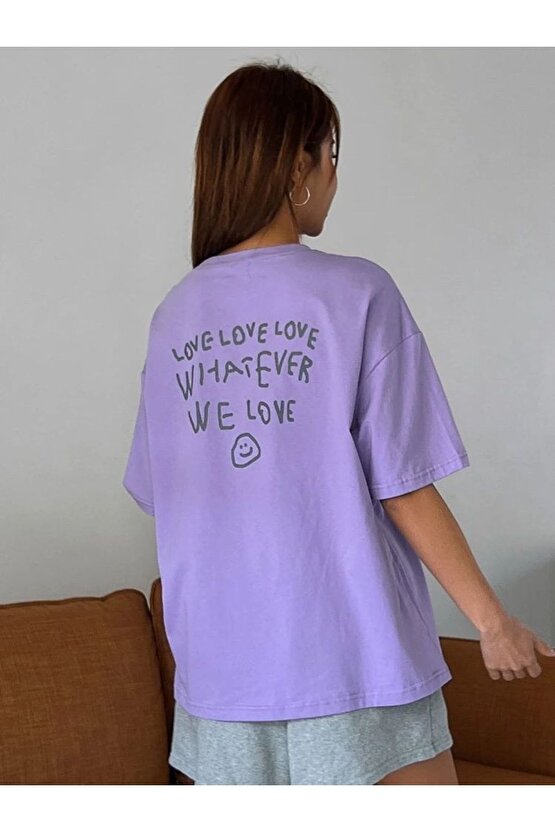 Oversize Lila We Love Paint Yazı Baskılı Bisiklet Yaka Tshirt