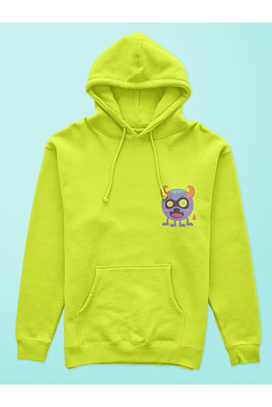 Monster Serisi Canavar Baskılı Tasarım 3 Iplik Kalın Neon Sarı Hoodie Sweatshirt