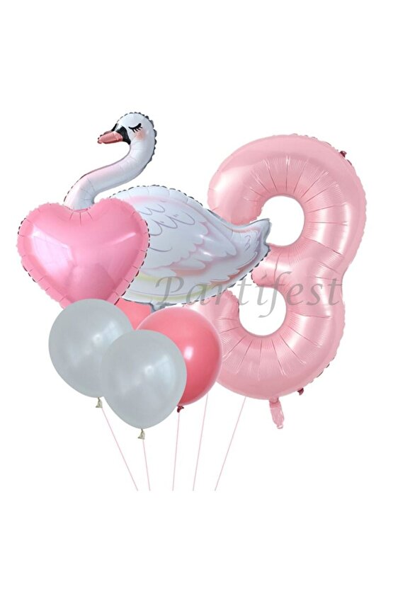Kuğu 3 Yaş Balon Set Balon Folyo Set Konsept Kuğu Doğum Günü Set Yaş Balon