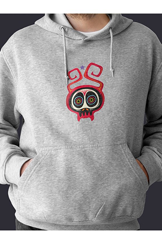Monster Serisi Kurukafa Baskılı Tasarım 3 Iplik Kalın Siyah Hoodie Sweatshirt