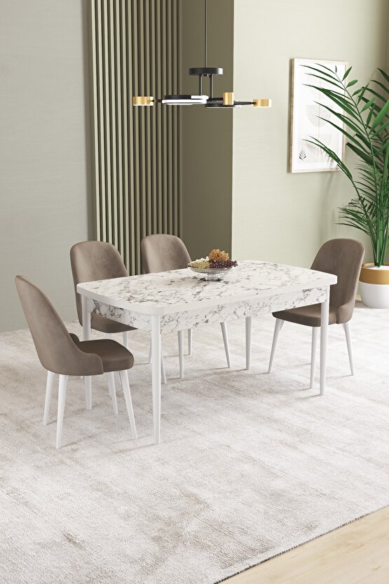 Ikon Beyaz Mermer Desen 80x132 Mdf Açılabilir Yemek Masası Takımı 4 Adet Sandalye