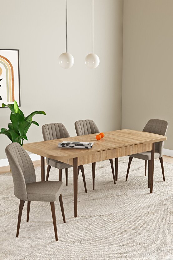 Elis Meşe Desen 80x132 Açılabilir Mutfak Masası Takımı 4 Adet Sandalye