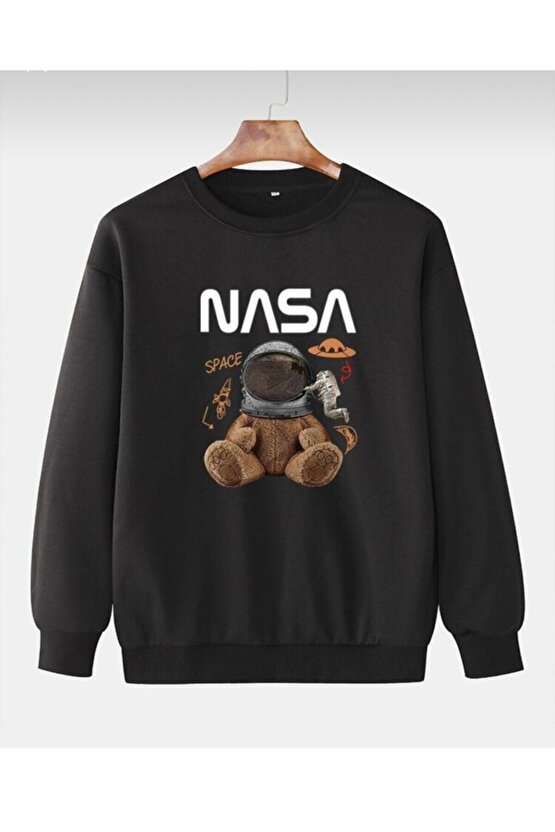 Siyah Oversize Unisex Nasa Baskılı Sweatshirt