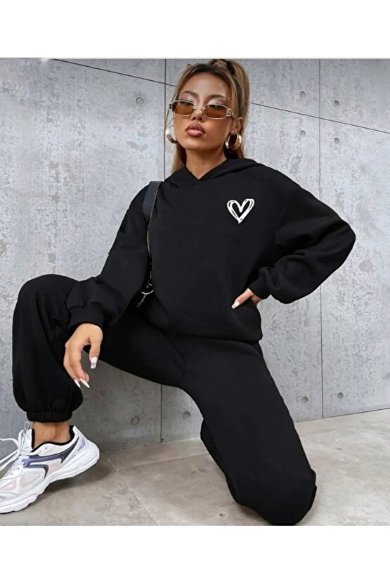 Unisex Oversize Minimal Kalp Baskılı Siyah Eşofman Takımı