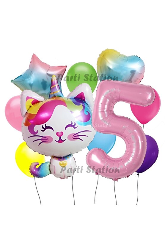 Unicorn Kedi Kitty Konsept 5 Yaş Doğum Günü Parti Balon Set Sevimli Unicorn Kedi Tema Parti Set