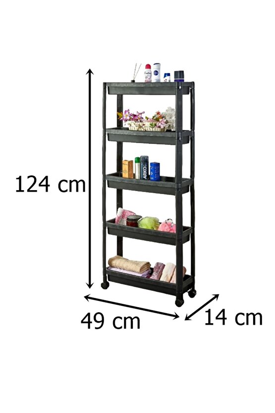 Tekerlekli Vesken Raf Ünitesi 5 Katlı Banyo Rafı Mutfak Rafı Servis Sehpası Organizer (SİYAH)
