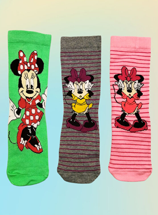 3lü Minnie Mouse Desenli Renkli Çorap