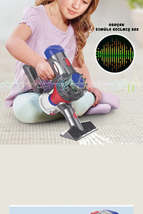 Pilli Sesli 35 cm Model Tutmalı Elektrik Süpürgesi 2IN1 Oyuncak Süpürge