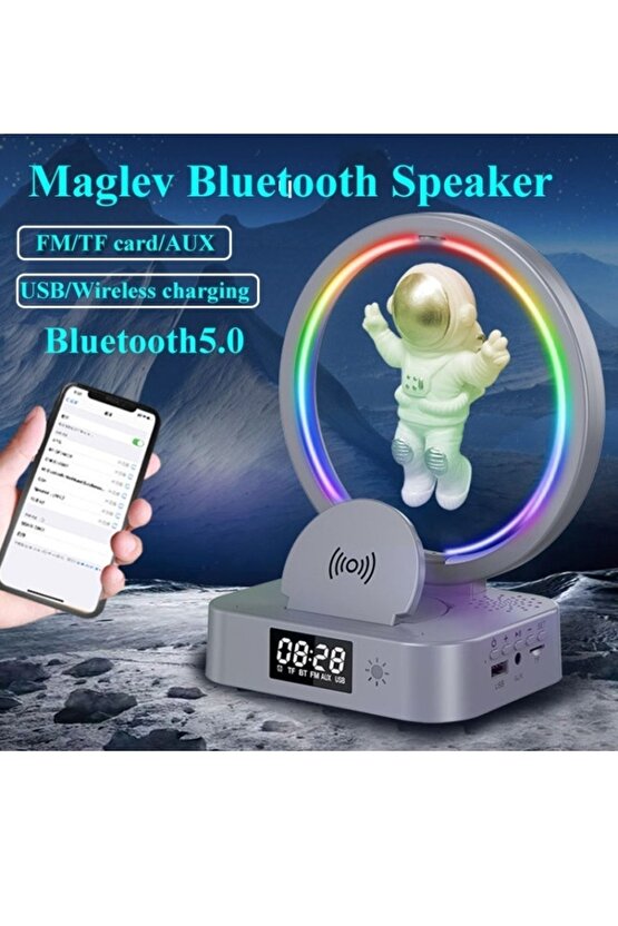 Bluetooth Hoparlör Sd Kart Usb Fm Radyo 5w Kablosuz Şarj Çalar Saat Gece Lambası Ambians Led Işık