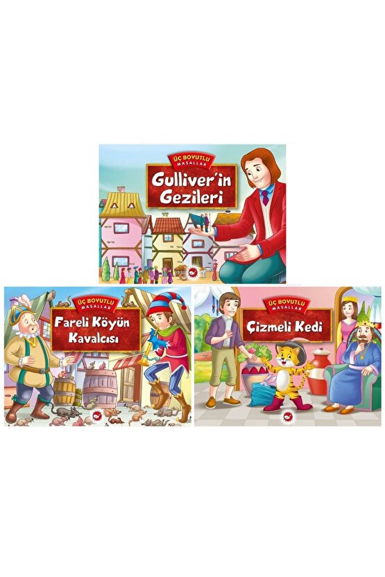 Üç Boyutlu Masallar 3 Kitap Set  Gulliverin Gezileri + Fareli Köyün Kavalcısı + Çizmeli Kedi