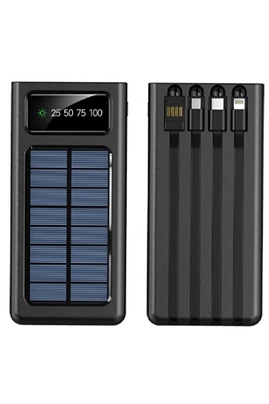 10000 Mah Güneş Enerjili Powerbank Ios Android Uyum Lcd Ekranlı 4 Kablo Type C Mikro Usb Lightning