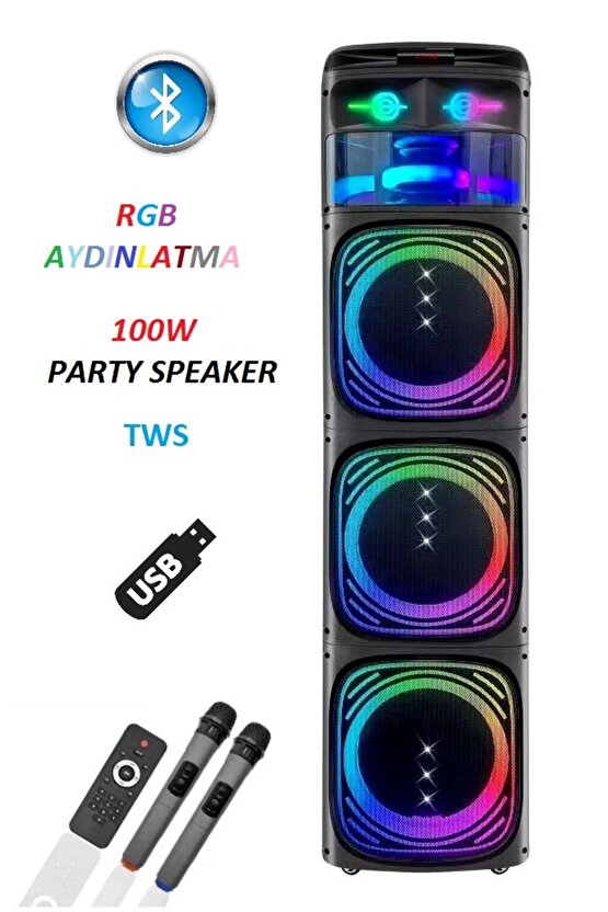 DEV PARTY SPEAKER ÇİFT KABLOSUZ MİKROFONLU ŞARJLI BLUETOOTH HOPARLÖR RGB IŞIKLI UZAKTAN KUMANDALI