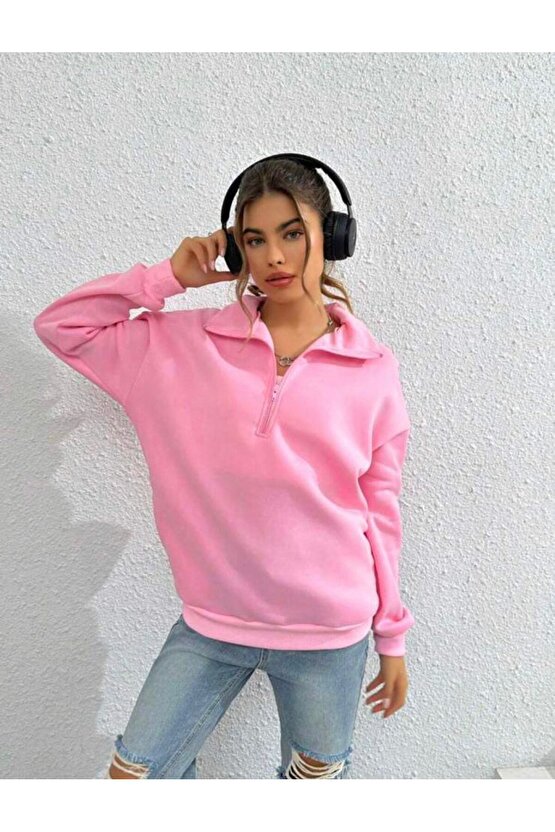 Kadın Yarım Fermuarlı Bebe Pembe Oversize Dik Yaka Sweatshirt