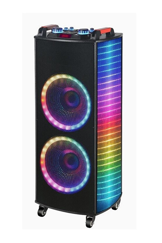 DEV PARTY SPEAKER ÇİFT KABLOSUZ MİKROFONLU ŞARJLI BLUETOOTH HOPARLÖR RGB IŞIKLI TEKERLEKLİ HOPARLÖR