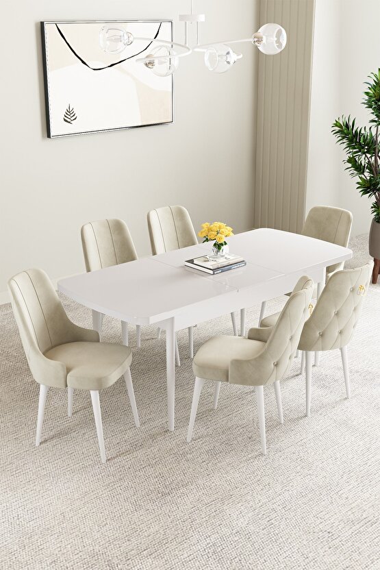 Mabel Beyaz Desen 80x132 Mdf Açılabilir Mutfak Masası Takımı 6 Adet Sandalye
