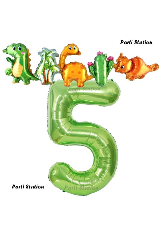Yeşil Renk Rakam Balonlu Dinozor 5 Yaş Doğum Günü Parti Yapışık Balon Set Dinozor Tema Parti Set