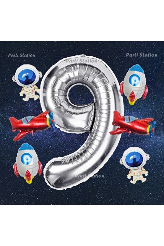 Gümüş Renk Rakam Balon Uzay Konsept 9 Yaş Doğum Günü Balon Set Galaksi Astronot Space Roket Balon