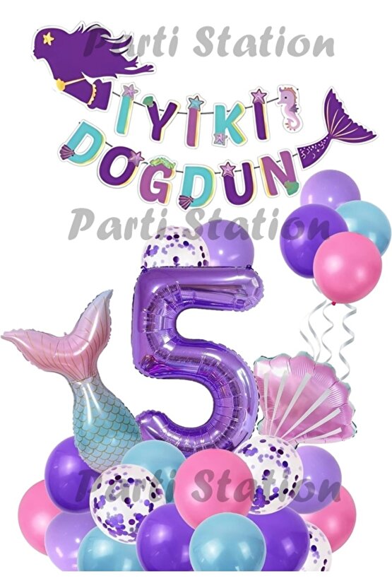 Mor Rakam Balon Deniz Kızı Konsept Parti 5 Yaş Balon Set Mermaid Doğum Günü Balon Set Deniz Kızı