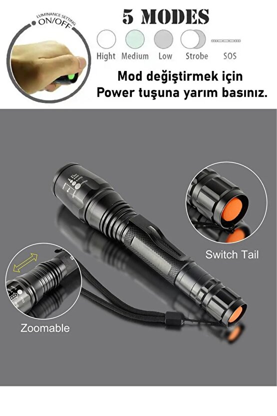 23.000 Lümen 800 Metreye Kadar Güçlü Led El Feneri Zoom Torch Şarj Edilebilir El Feneri Avcılık Kamp