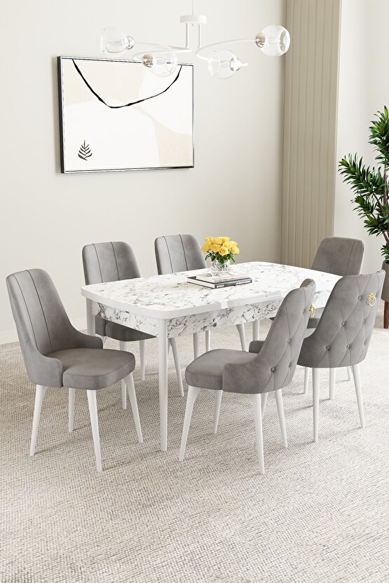 Clara Beyaz Mermer Desen 80x132 Açılabilir Mutfak Masası Takımı 6 Adet Sandalye