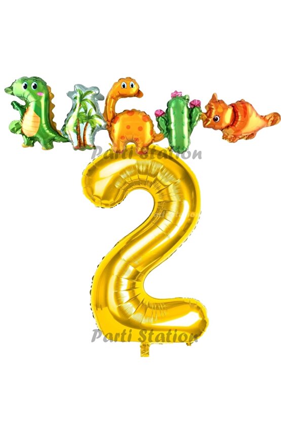 Altın Renk Rakam Balonlu Dinozor 2 Yaş Doğum Günü Parti Yapışık Balon Set Dinozor Tema Parti Set