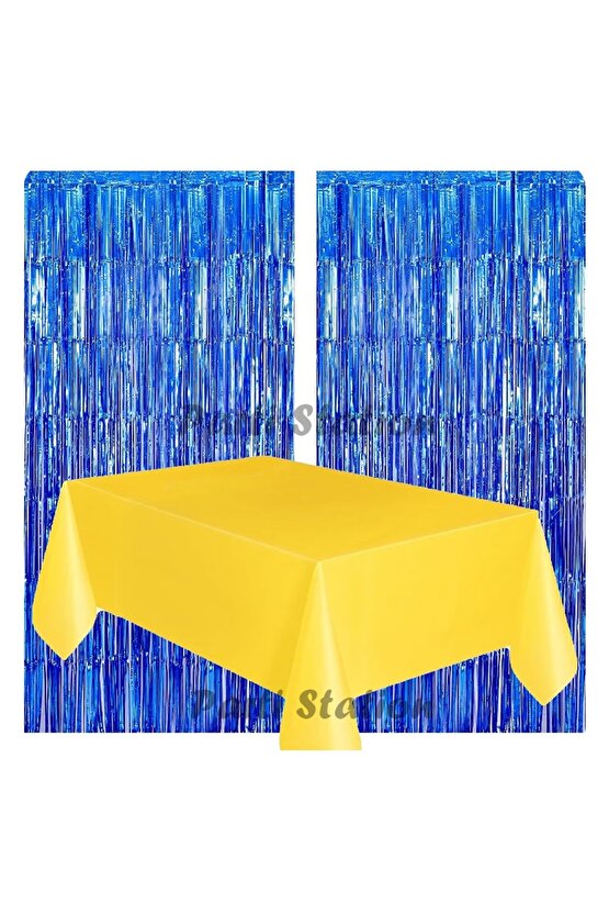 2 Adet Lacivert Renk Metalize Arka Fon Perdesi ve 1 Adet Plastik Sarı Renk Masa Örtüsü Set