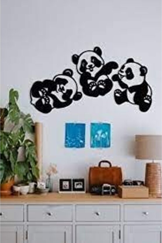 Dekoratif Panda 3lü Ahşap Duvar Tablosu