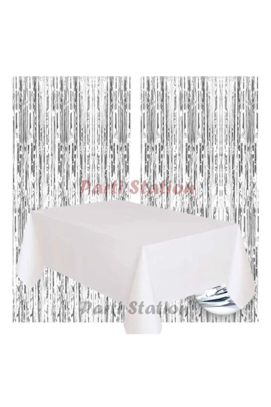 2 Adet Gümüş Gri Renk Metalize Arka Fon Perdesi ve 1 Adet Plastik Beyaz Renk Masa Örtüsü Set