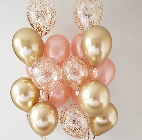 Krom gold 6 adet rose gold Metalik 6 adet gold  konfetili şeffaf balon 6 adet balon set