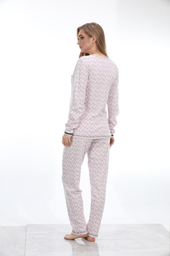 98163 Ribana Pamuklu Uzun Kol Kadın Pijama Takımı Desenli