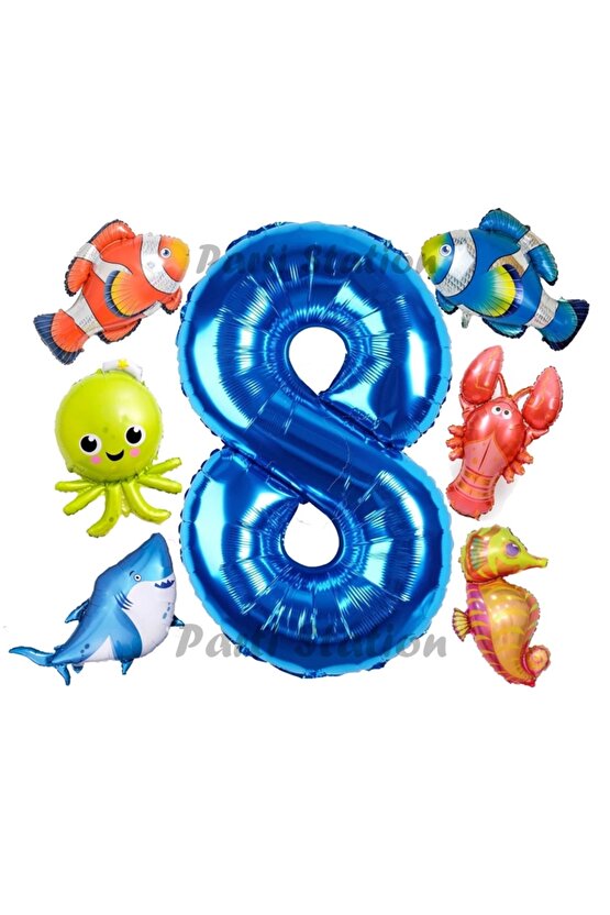 Okyanus Hayvanları 8 Yaş Doğum Günü Balon Set Deniz Canlıları Köpek Balığı Ahtapot Kırmızı Balık Set