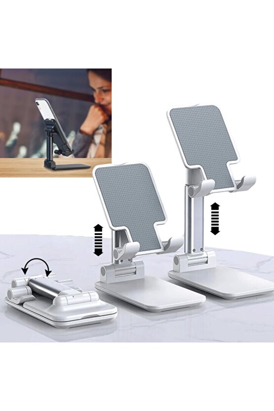 Beyaz Gümüş Katlanabilir Masaüstü Tablet ve Telefon Tutucu Deskop Stand Rz-054