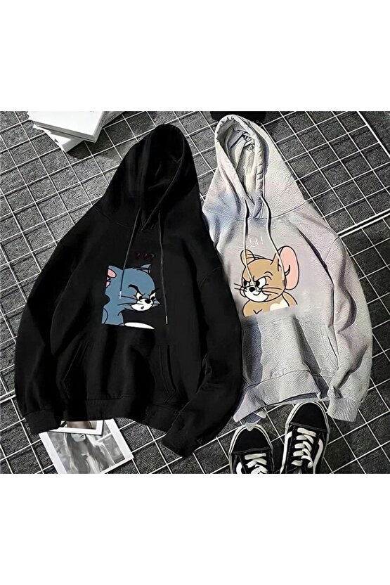 Kapşonlu Oversize Tom Jerry Tasarım Ikili Paket Sweatshirt