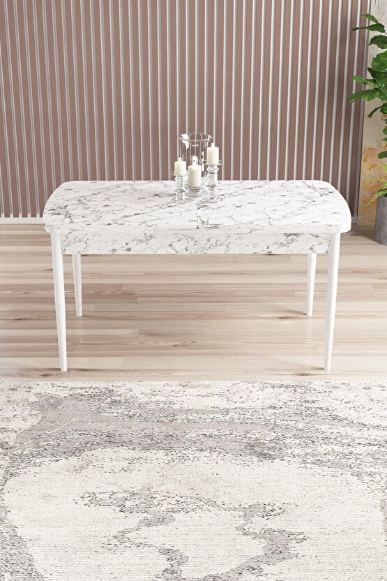 Milas Beyaz Mermer Desen 80x132 Mdf Açılabilir Yemek Masası Takımı 4 Sandalye, 1 Bench