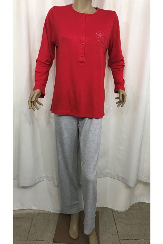 Kadın Uzun Kol Pijama Takım 14854 Kırmızı Grimelanj