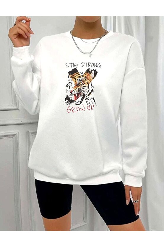 Oversize Kaplan Baskılı Beyaz Sweatshirt